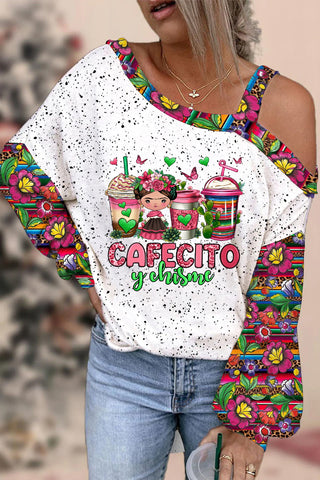 Cafecito Y Chisme Coffee Cups Mexican Day Print Off-Shoulder Blouse