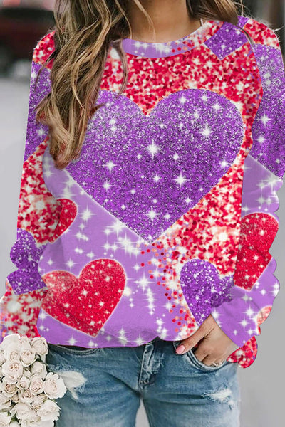 Glitter Purple Heart Sparkles Print Sweatshirt