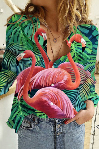 Pink Flamingo Print Open Button Long Sleeve Shirt