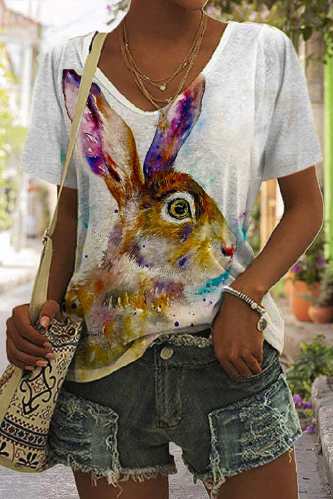 Retro Easter Cute Bunny Watercolor Floral Print V Neck T-shirt