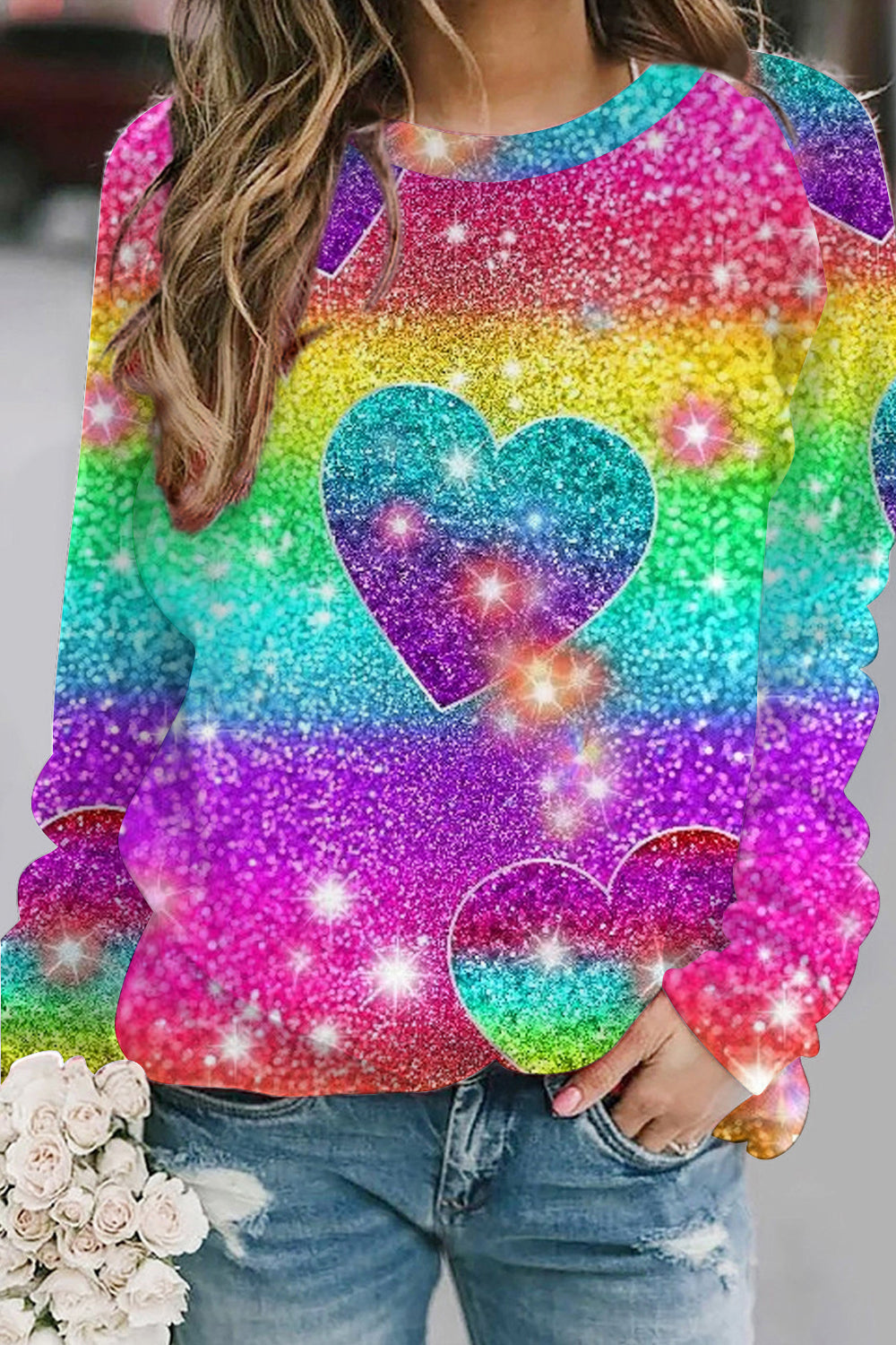 Glitter Heart Colorful Rainbow Sparkles Print Sweatshirt