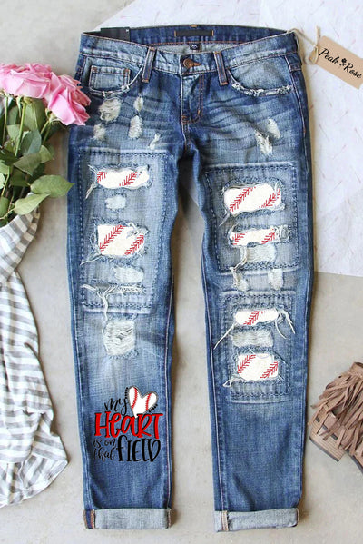 My Heart Is On That Field Baseball Heart Printed Ripped Denim Jeans