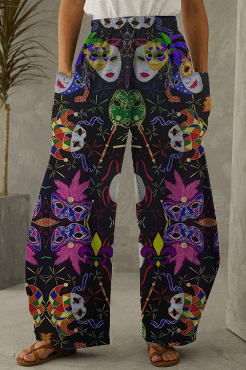 Mardi Gras Mask-Print Loose Pockets Pants