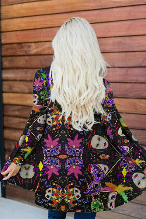 Mardi Gras Mask-Print Loose Cardigan