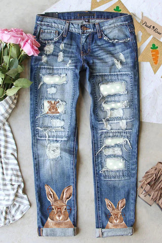 Casual Easter Bunny Rabbit With Red Glasses Print Ripped Denim Jeans