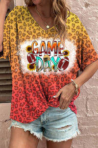 Tie Dye Gradient Leopard Football Game Day Fold V Neck Loose T-Shirt