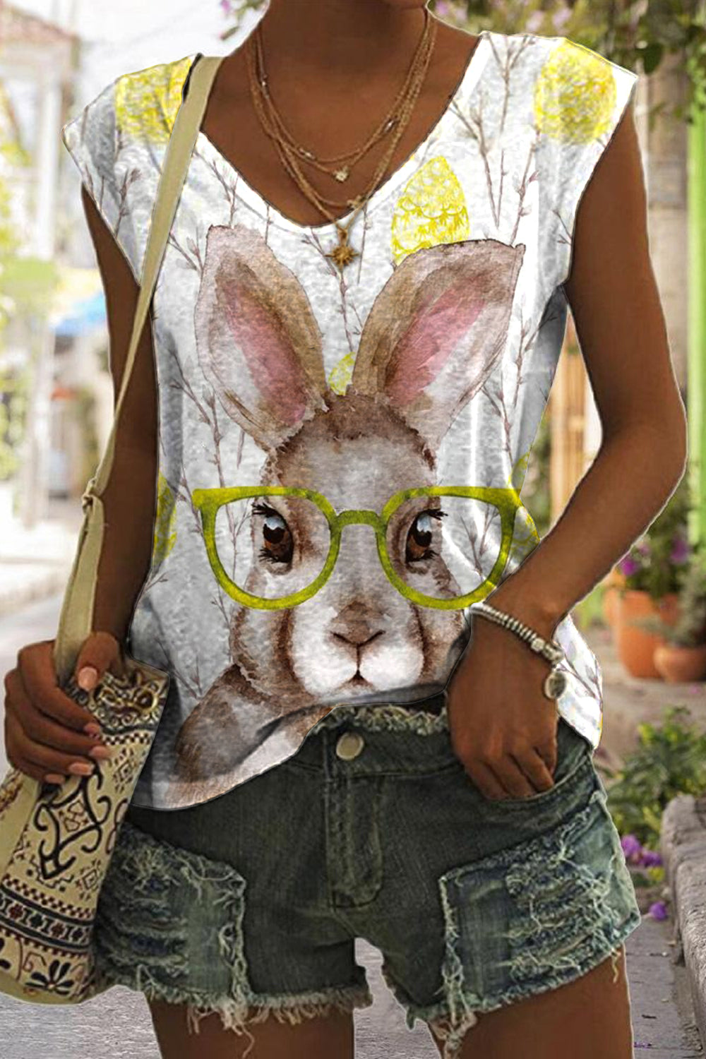Cute Easter Bunny With Glasses In Easter Eggs Forest Printed Tank