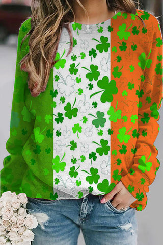 Green White Orange Tricolor St Patrick's Day Shamrocks Tye Dye Printed Sweatshirt