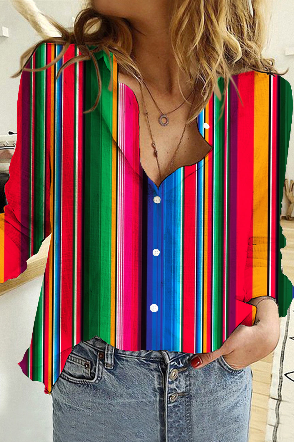 Cinco De Mayo Mexican Western Striped Print Casual Long Sleeve Shirt