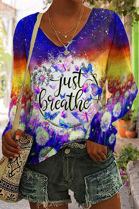 Trendy Oil Painting Vintage Flowers & Dandelion Just Breathe Printed Casual V Neck Long Sleeve T-Shirt