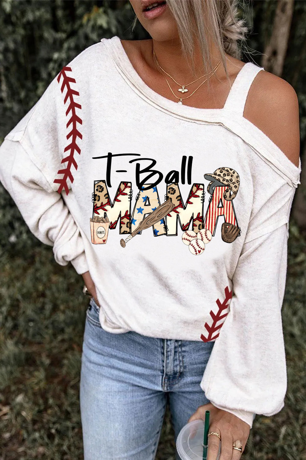 Casual Baseball T-Ball Mama  Leopard Printed Off-Shoulder Blouse