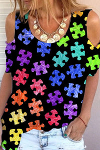 Autism Awareness Acceptance Love Multicolour Puzzle Cold Shoulder T-Shirt