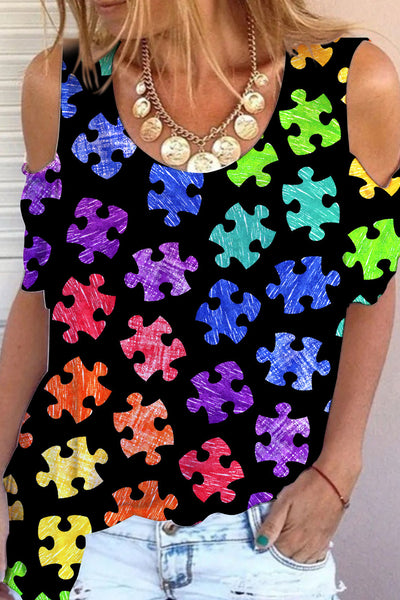 Autism Awareness Acceptance Love Multicolour Puzzle Cold Shoulder T-Shirt