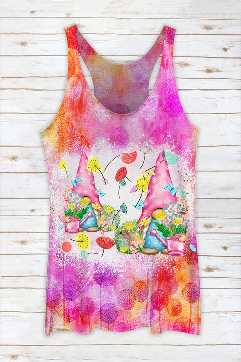 Trendy Oil Painting Vintage Flowers & Two Cute Gnomes Holding Vase & Dandelions Racerback Tank Top