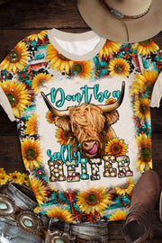 Don't Be A Salty Heifer Long Haired Cow Western Leopard Sunflower Print Round Neck T-shirt