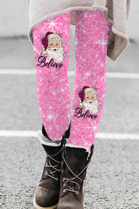 Pink Christmas Believe Santa Print Leggings