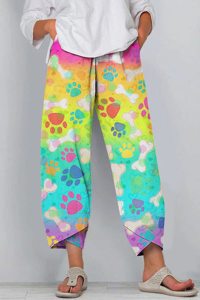 Vintage Fashion Tie Dye And Cute Dog Paws Casual Pants