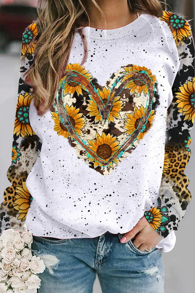 Cowhide Heart And Sunflower Print Sweatshirt