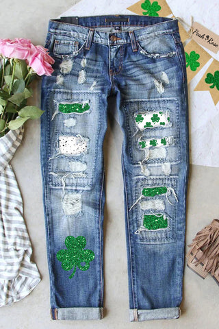 Glitter Lucky Clover St. Patrick's Day Polka Dots Print Ripped Denim Jeans