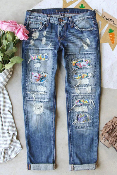 Vintage Easter Greeting Daffodils Bunny Is Painting Colored Egg Printed Ripped Denim Jeans