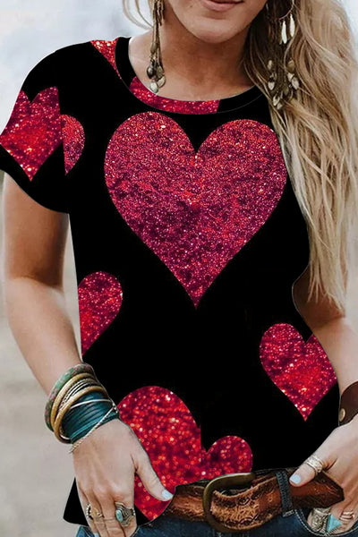 Glitter Red Heart Sparkles Print T-shirt