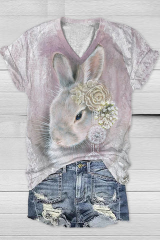 3D Vintage Pink Easter Bunny With Wreath Earring Printed V Neck T-shirt