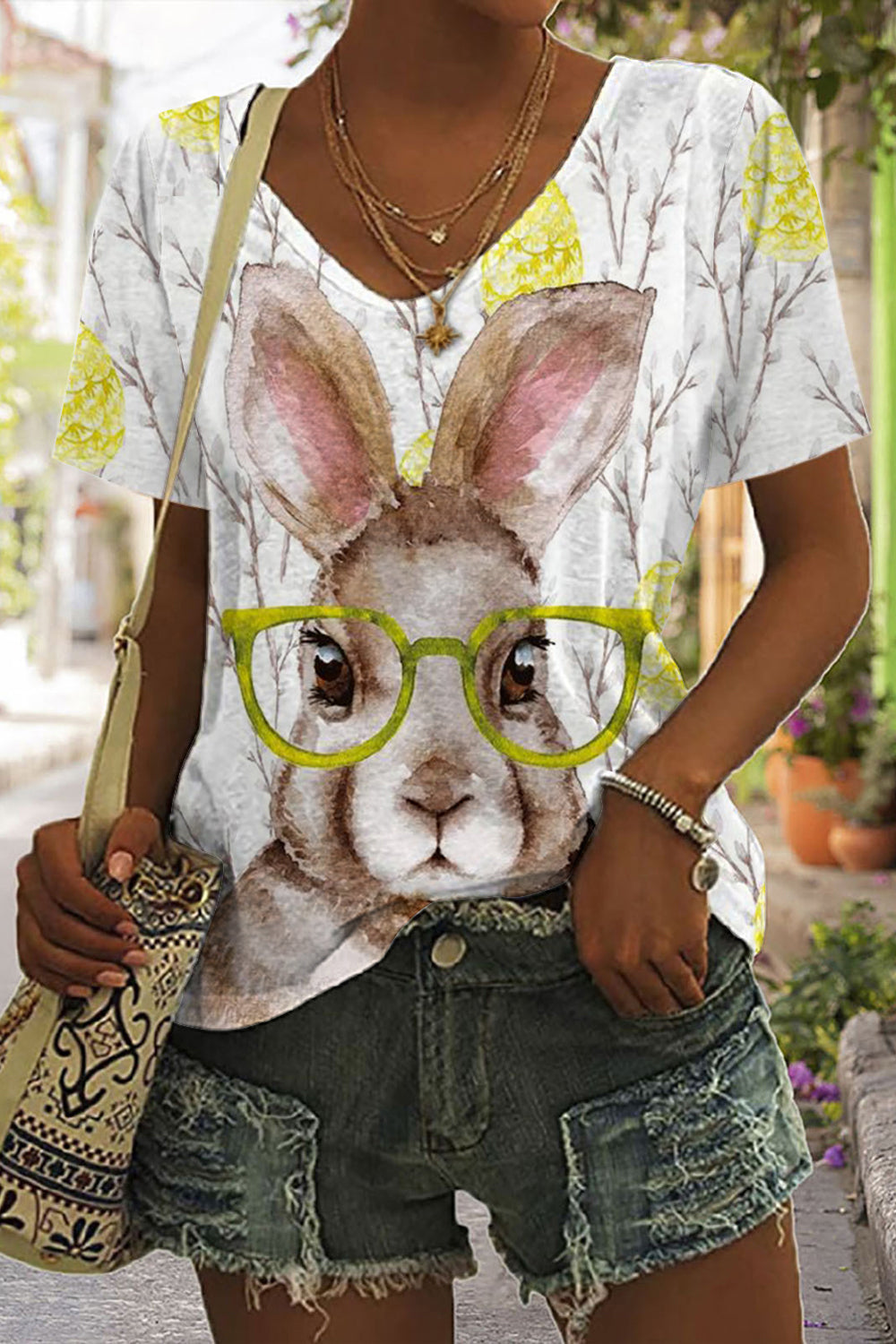 Cute Easter Bunny With Glasses In Easter Eggs Forest Printed V-neck Short Sleeve T-shirt