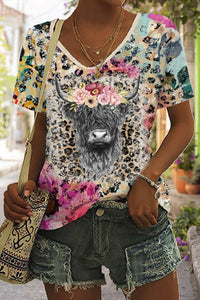 Highland Cow Floral Heifer Western Leopard Print V Neck T-shirt