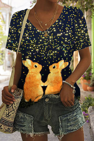 Cute Easter Bunnies Under The Black Starry Sky Printed V Neck Short Sleeve T-shirt