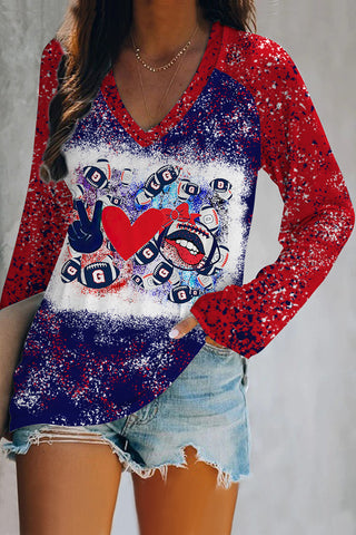 Red & Blue Contrasting Love & Peace Football Printed V-neck Long Sleeve Tee