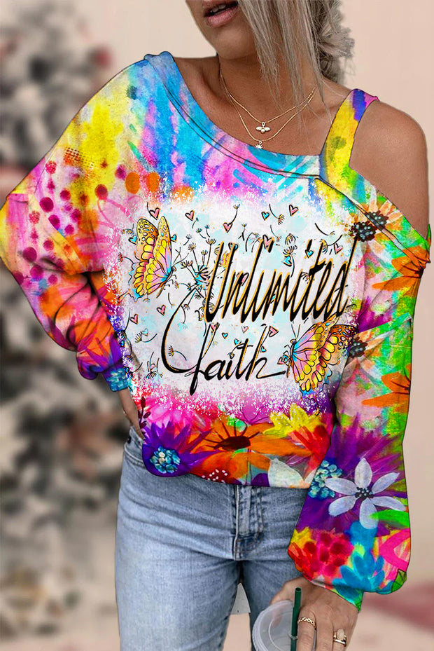 Trendy Oil Painting Vintage Rainbow Flowers & Dandelions Inspirational Print Off-Shoulder Blouse