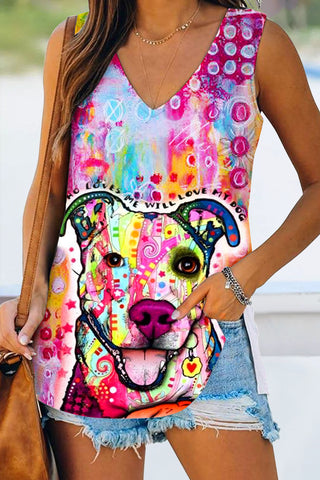 Beloved Tongue Out Dog Vintage Oil Painting Abstract Cute Style V-neck Tank Top