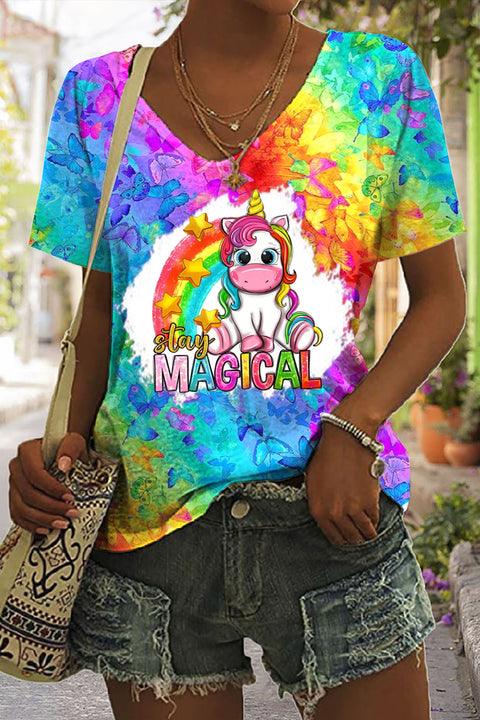 Stay Magical Unicorn Rainbow Tie Dye Print V Neck T-shirt