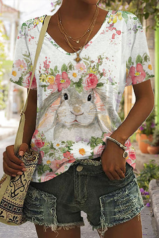 Happy Easter Bunny Watercolor Flower Garden Spring Floral Printed V Neck T-shirt