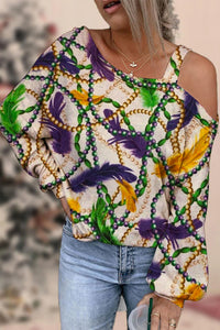 Retro Mardi Gras Feathers & Beads Print Off-Shoulder Blouse