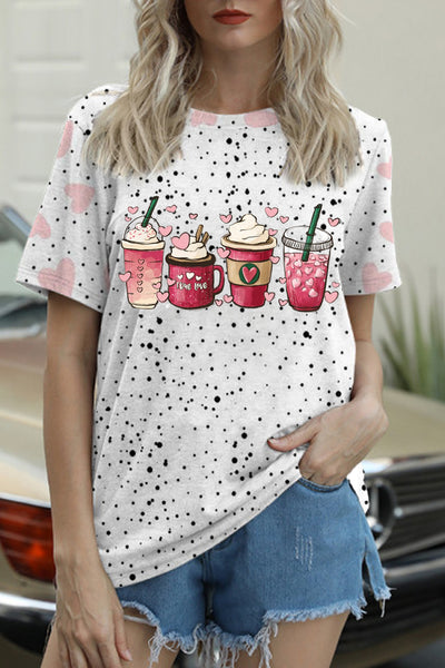 Coffee Lover Polka Dots Heart Print T-shirt