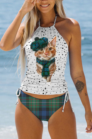 Green Plaid Cute Cat Bikini Swimsuit