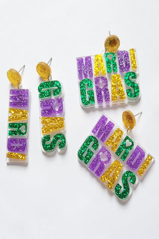 Mardi Gras Carnival Glitter Alphabet Styling Resin Earrings