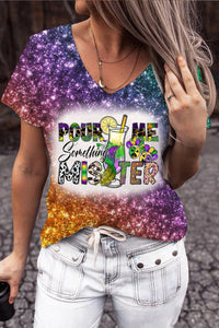 Pour Me Something Mister Mardi Gras Print Glitter Multicolor Bleached V Neck Short Sleeve T-shirt