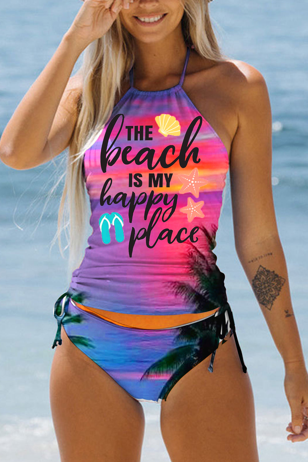 Vacation Series Romantic Seaside Sunset Palm Trees The Beach Is My Happy Peace Print Halter Swimsuit