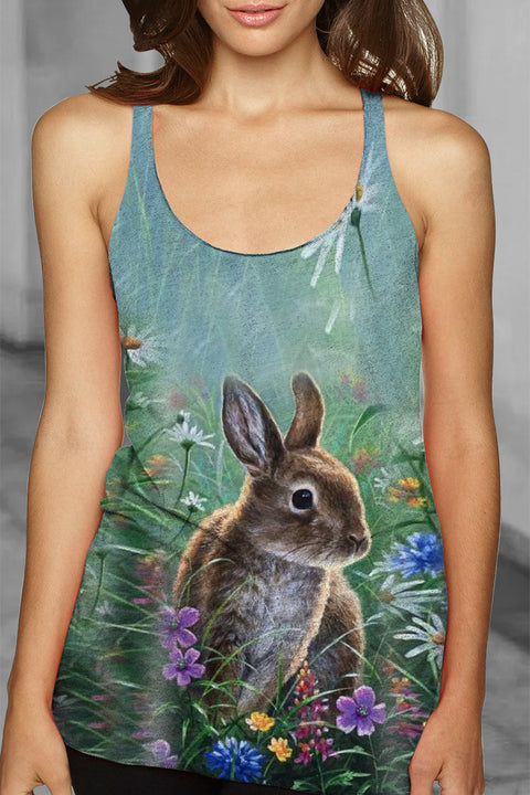 Happy Easter Cute Bunny And Flowers Racerback Tank Top