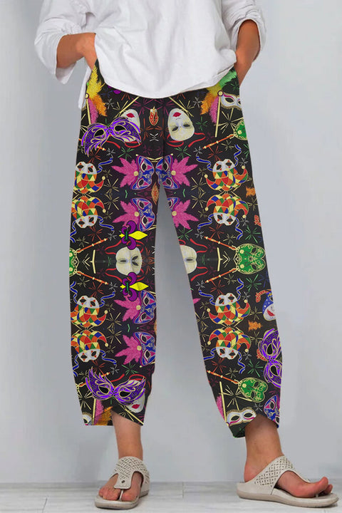 Mardi Gras Mask-Print Casual Pants