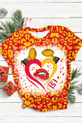 Red & Yellow Leopard Print Championship Trophy & Kiss Of Love Round Neck Short Sleeve T-shirt