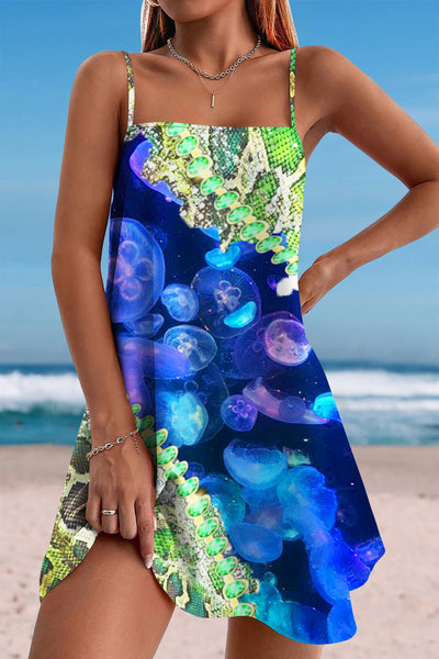 Retro Green Python Pattern Marine Jellyfish Cami Dress