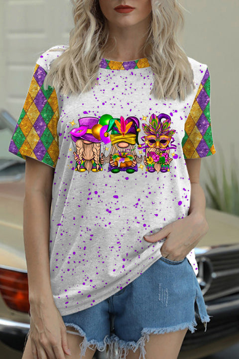 Mardi Gras Gnomies Cakes Flowers And Balloon Print Round Neck Short Sleeve T-shirt