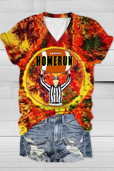Trendy Hippie Tie-dye With A Fun Football Home Run Graphic V Neck T-shirt