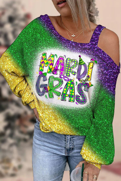 Glitter Mardi Gras Carnival Mask King Polka Bleached Print Off-Shoulder Blouse