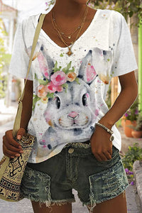 Bunny Rabbit Wearing Spring Flower Wreath  Multicolor Ink Dots Printed Casual V-neck Short Sleeve T-shirt