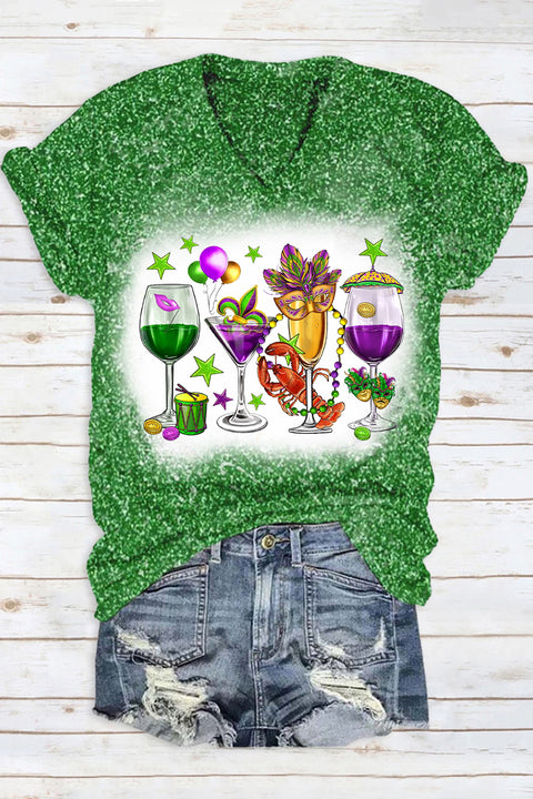 Mardi Gras Carnival Fat Tuesday Print V Neck Short Sleeve T-shirt