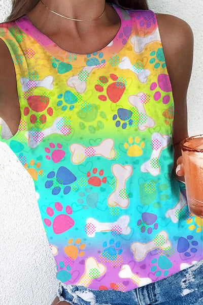 Vintage Fashion Tie Dye And Cute Dog Paws Round Neck Tank Top